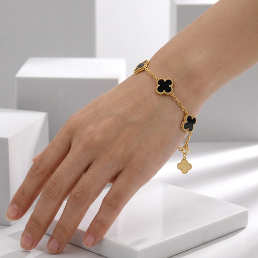 Zeroxo | 18K Gold Plated Black Clover Motif Chain Bracelet