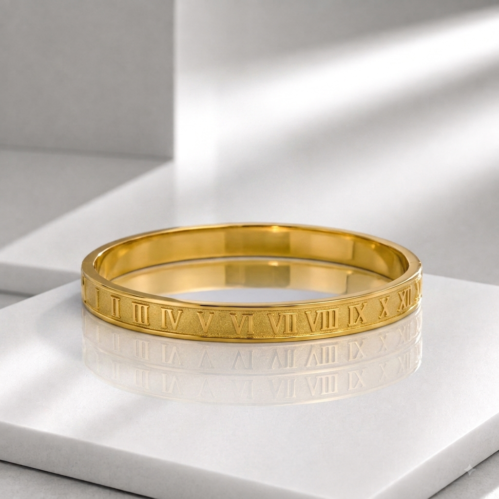 Zeroxo | 18K Gold Plated Matte Embossed Roman Numeral Bangle For Men