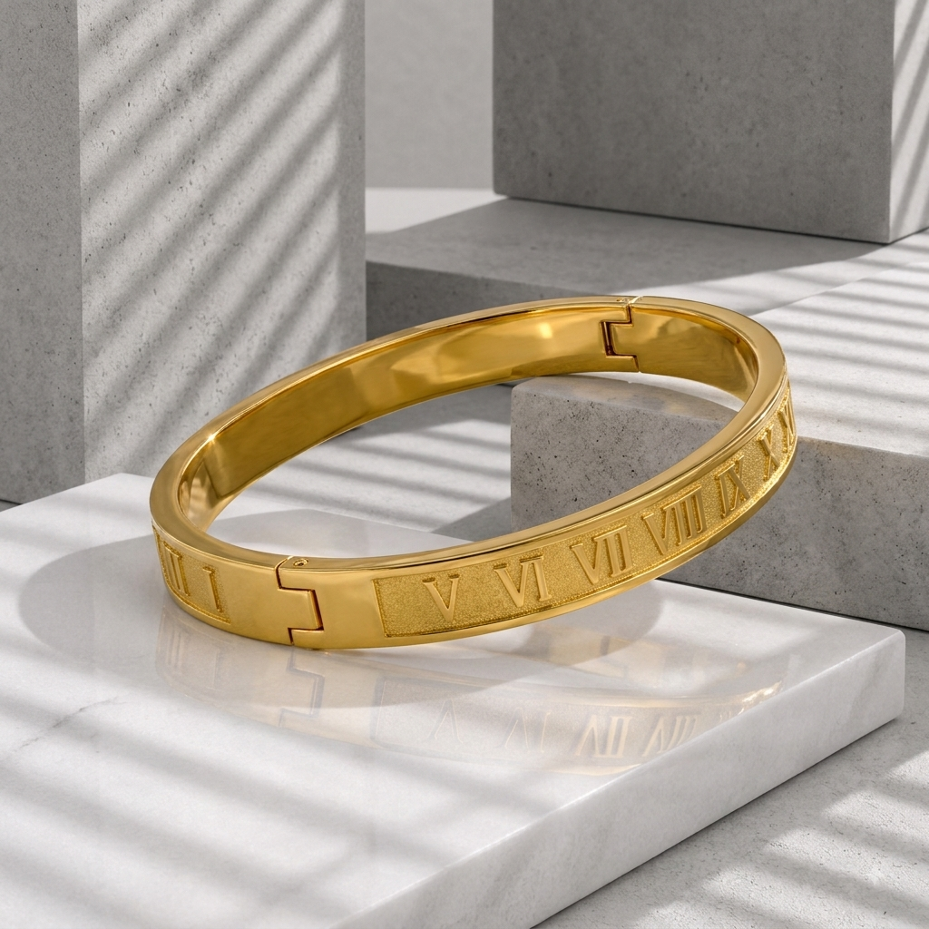 Zeroxo | 18K Gold Plated Matte Embossed Roman Numeral Bangle For Men