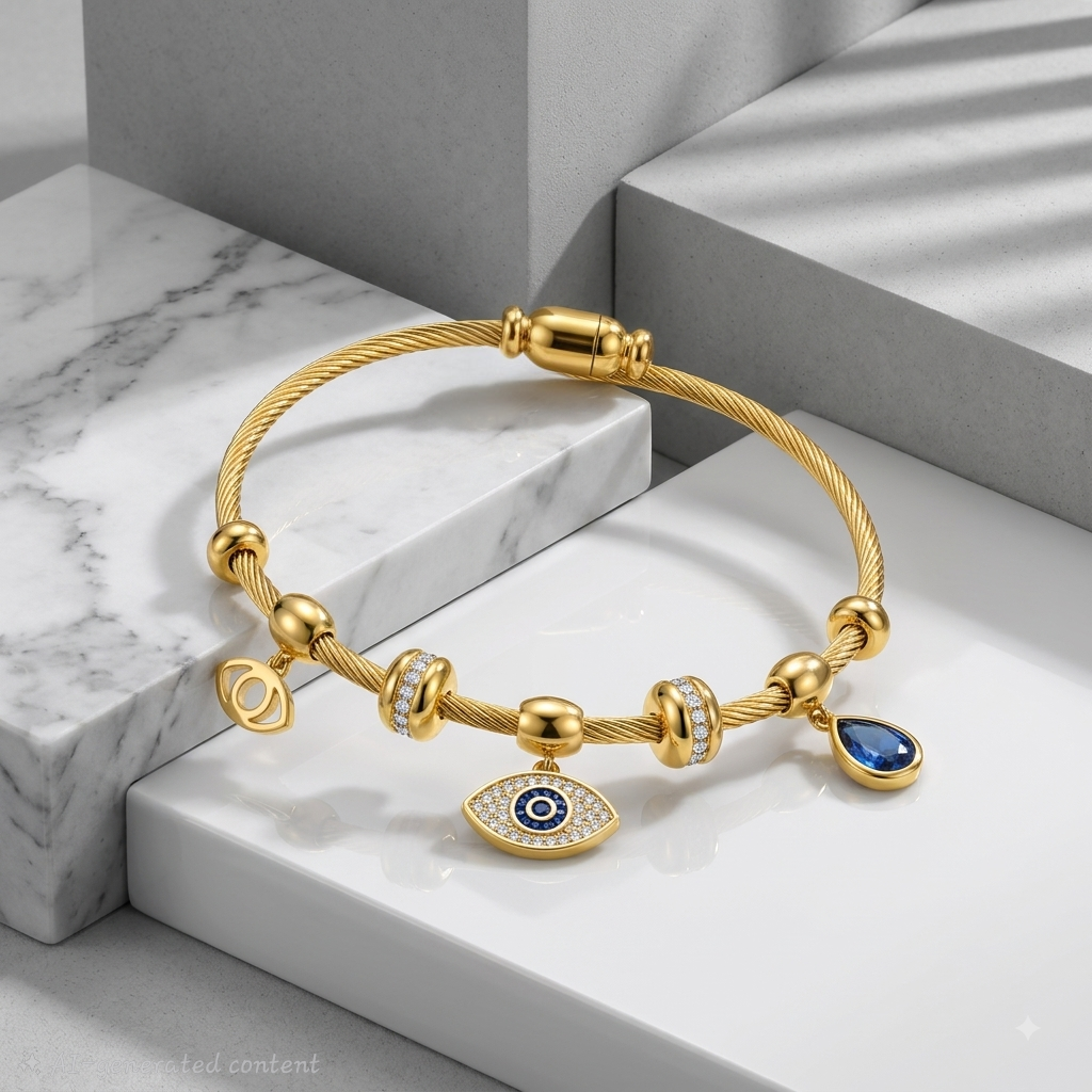 Zeroxo | 18K Gold Plated Evil Eye Twisted Cable Charm Bangle