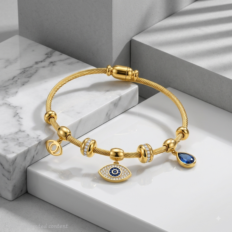 Zeroxo | 18K Gold Plated Evil Eye Twisted Cable Charm Bangle