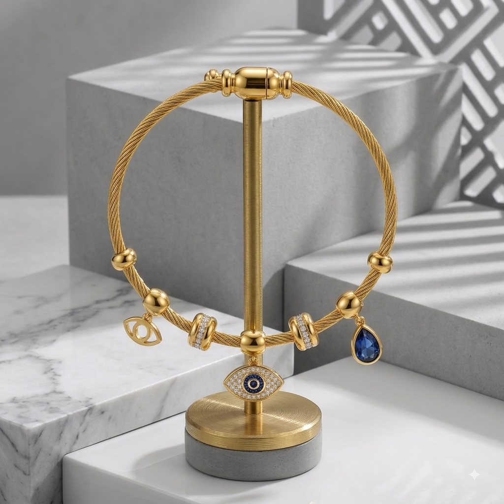 Zeroxo | 18K Gold Plated Evil Eye Twisted Cable Charm Bangle