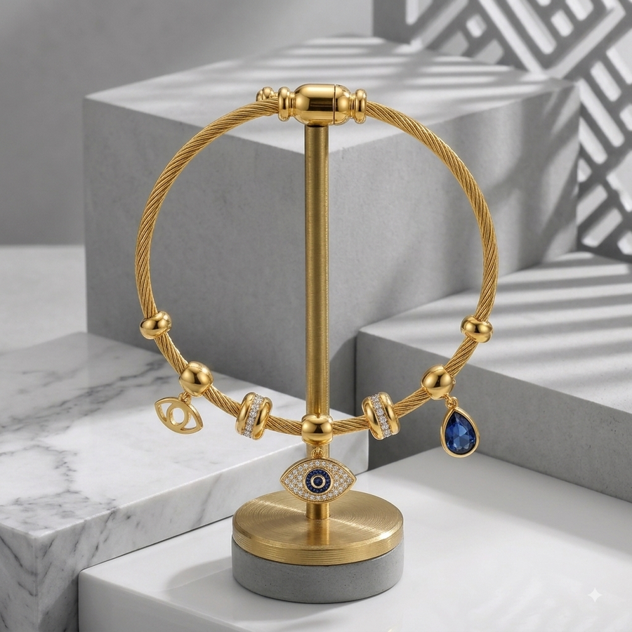 Zeroxo | 18K Gold Plated Evil Eye Twisted Cable Charm Bangle