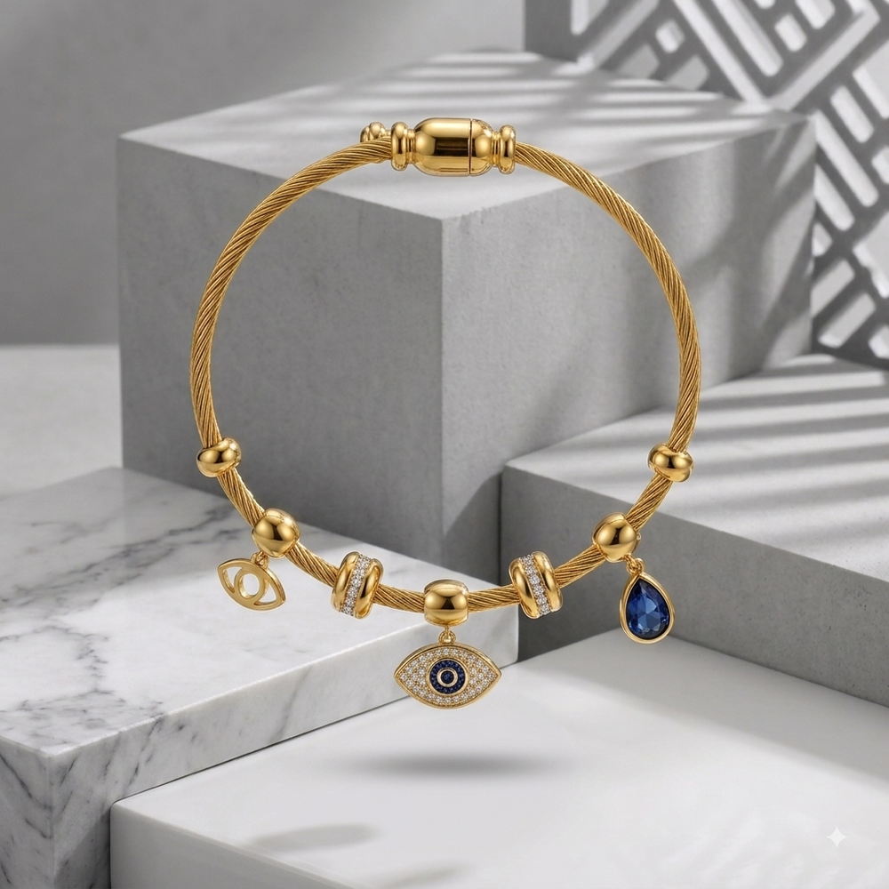 18K Gold Plated Evil Eye Twisted Cable Charm Bangle with Teardrop Blue Crystal and CZ Rondelles