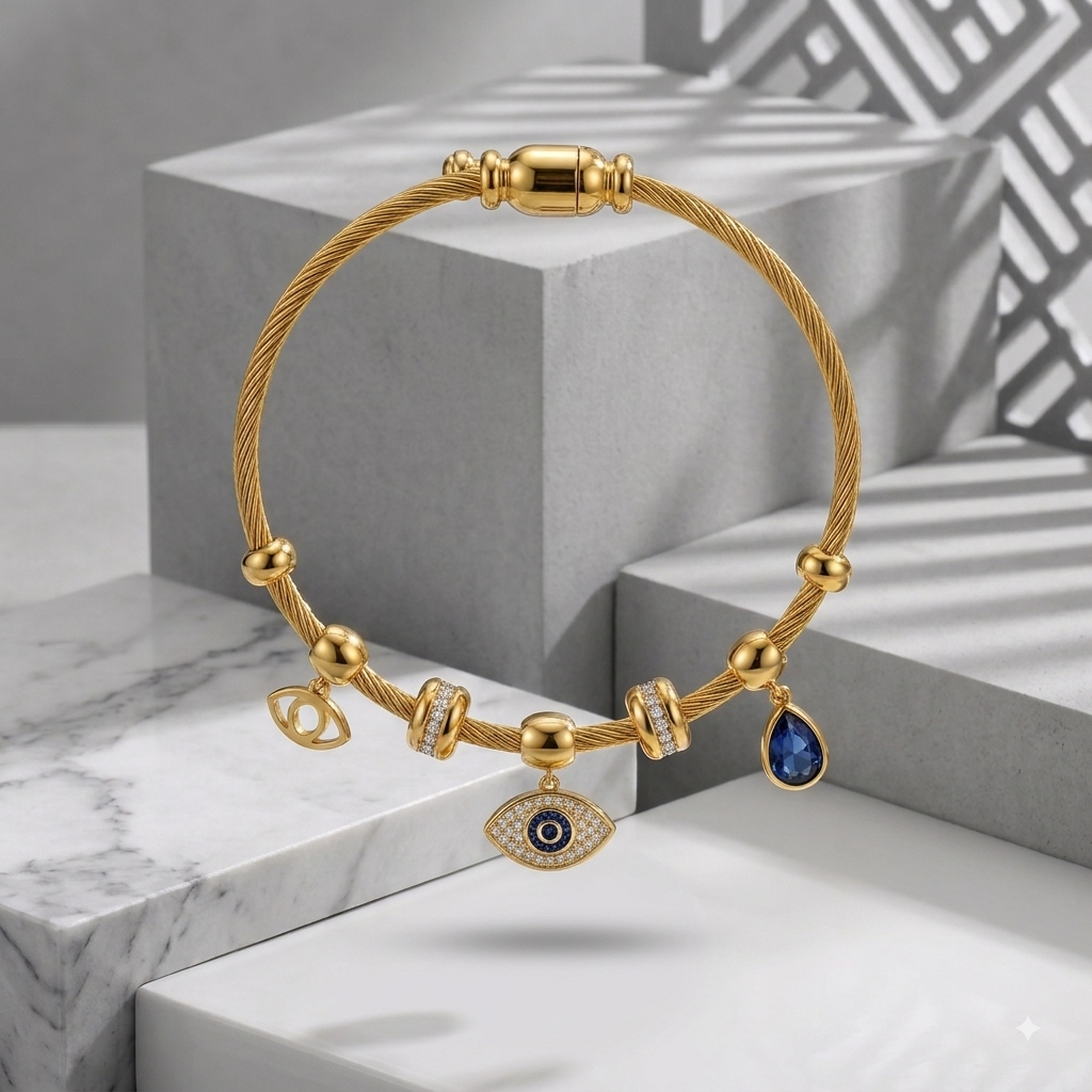 18K Gold Plated Evil Eye Twisted Cable Charm Bangle with Teardrop Blue Crystal and CZ Rondelles