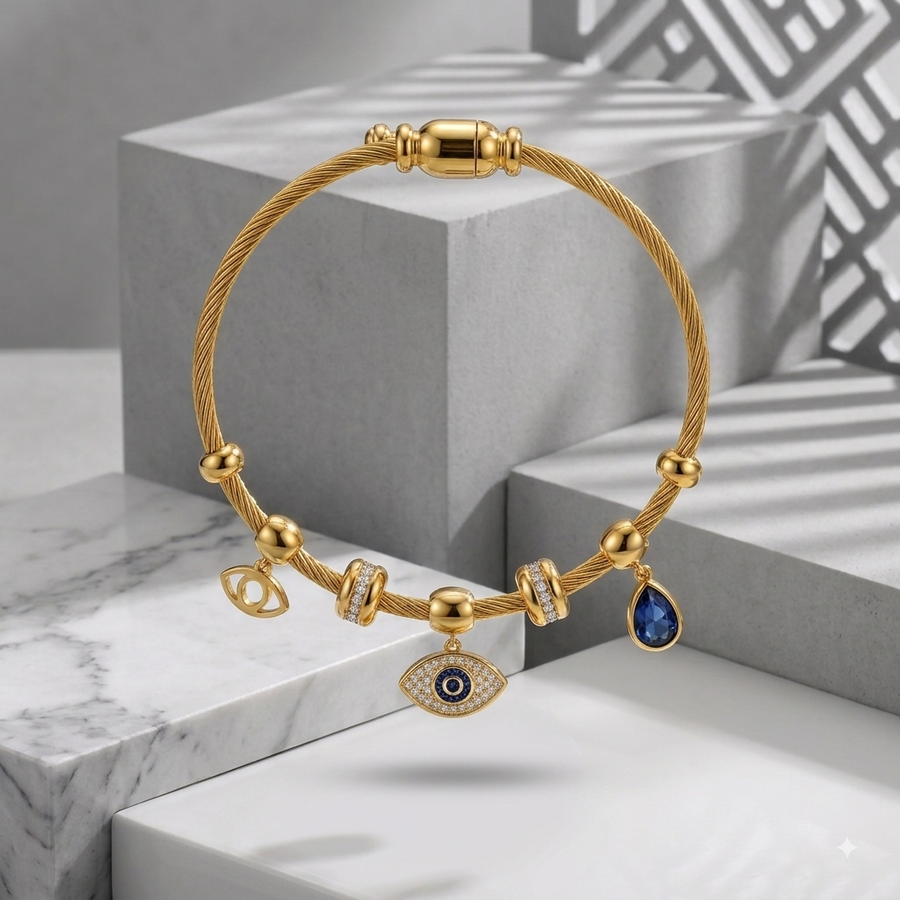 18K Gold Plated Evil Eye Twisted Cable Charm Bangle with Teardrop Blue Crystal and CZ Rondelles