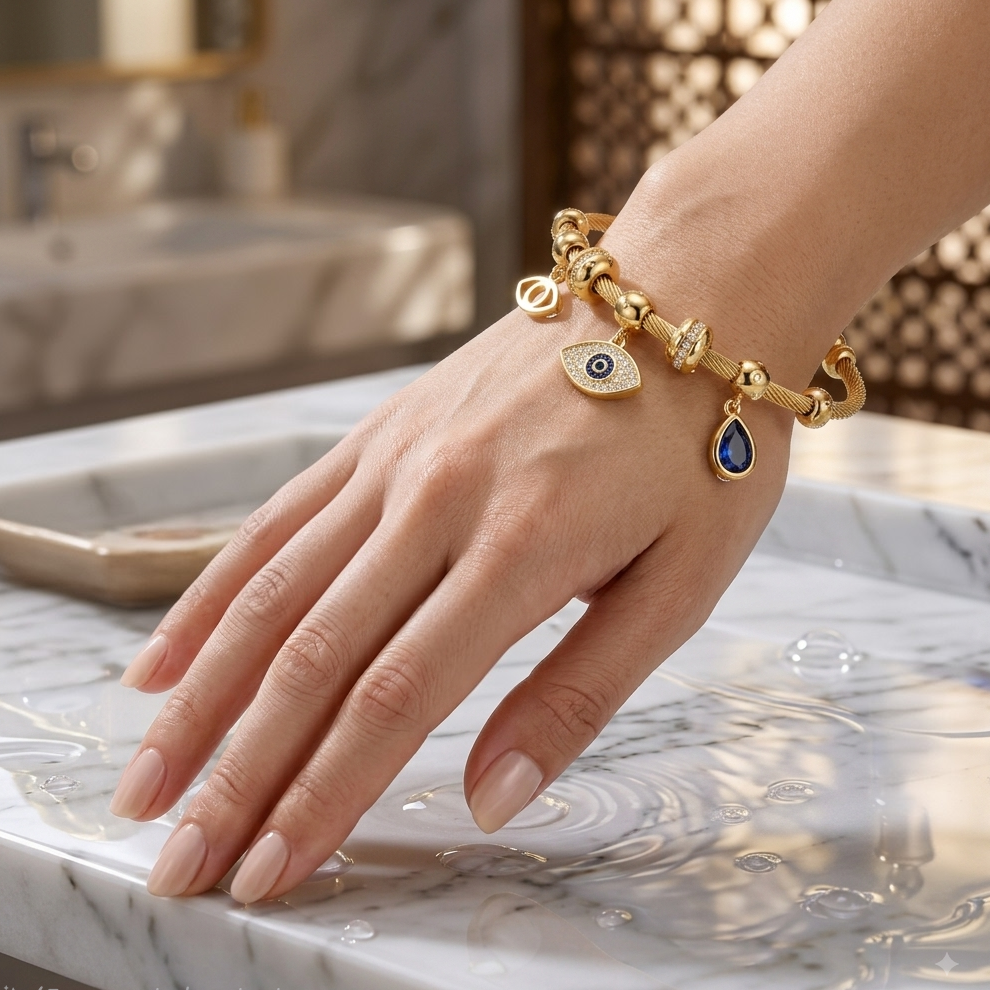 Zeroxo | 18K Gold Plated Evil Eye Twisted Cable Charm Bangle