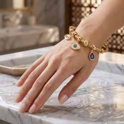 Zeroxo | 18K Gold Plated Evil Eye Twisted Cable Charm Bangle