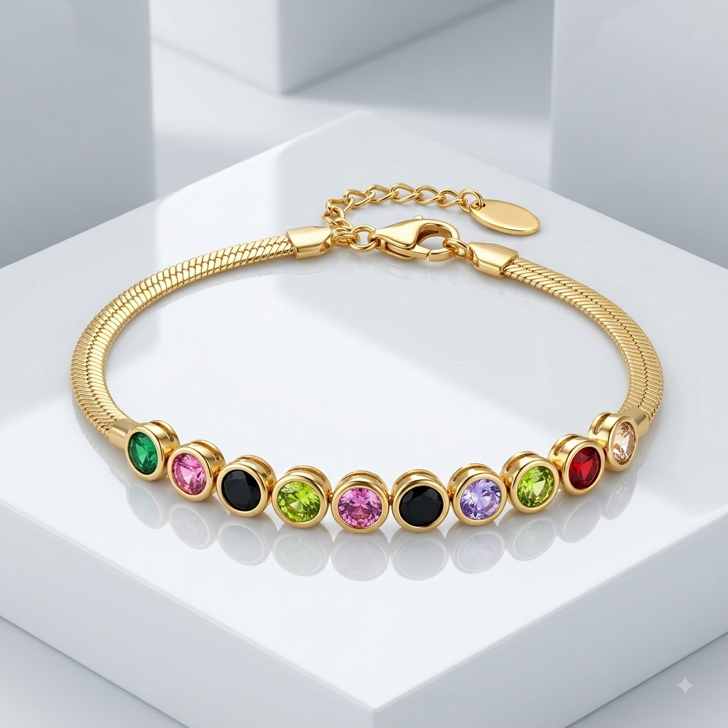 Zeroxo | 18K Gold Plated Multicolor Gemstone Snake Chain Bracelet