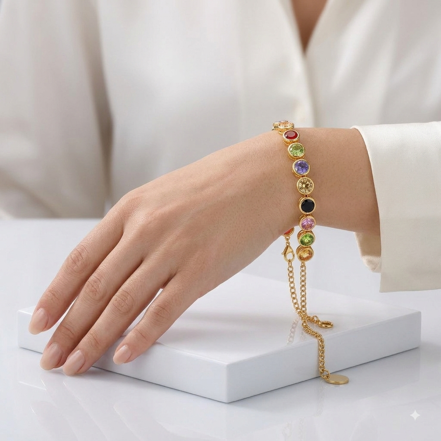 Zeroxo | 18K Gold Plated Multicolor Gemstone Snake Chain Bracelet