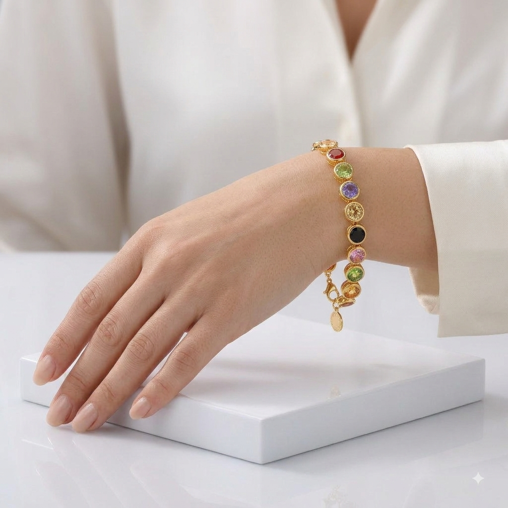 Zeroxo | 18K Gold Plated Multicolor Gemstone Snake Chain Bracelet