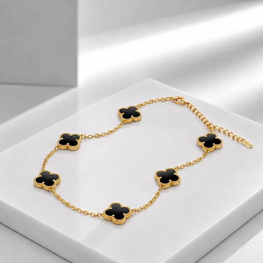 18K Gold Plated Black Onyx Four-Leaf Clover Motif Chain Bracelet with Beaded Milgrain Edging