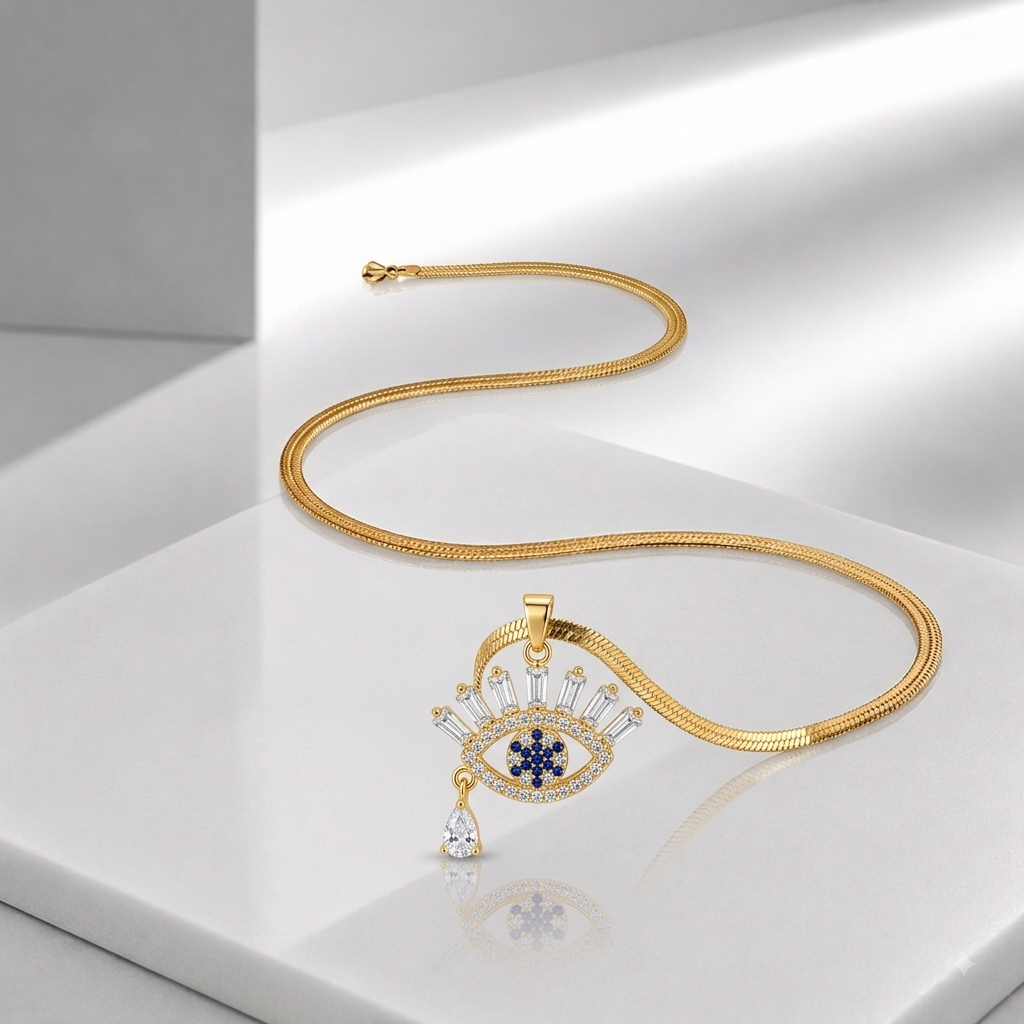 Zeroxo | 18K Gold Plated Evil Eye Baguette Crystal Pendant Snake Chain Necklace
