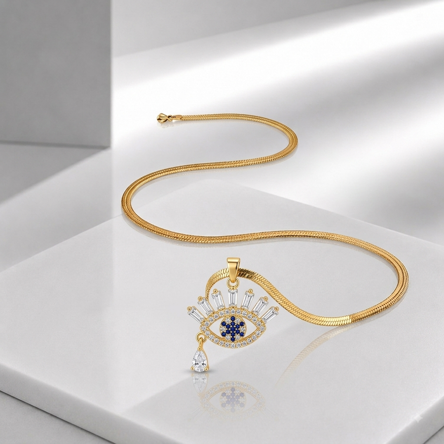 Zeroxo | 18K Gold Plated Evil Eye Baguette Crystal Pendant Snake Chain Necklace