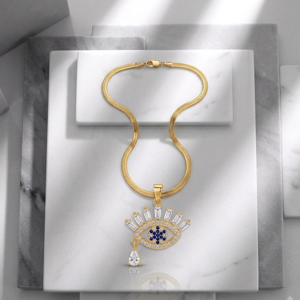 Zeroxo | 18K Gold Plated Evil Eye Baguette Crystal Pendant Snake Chain Necklace