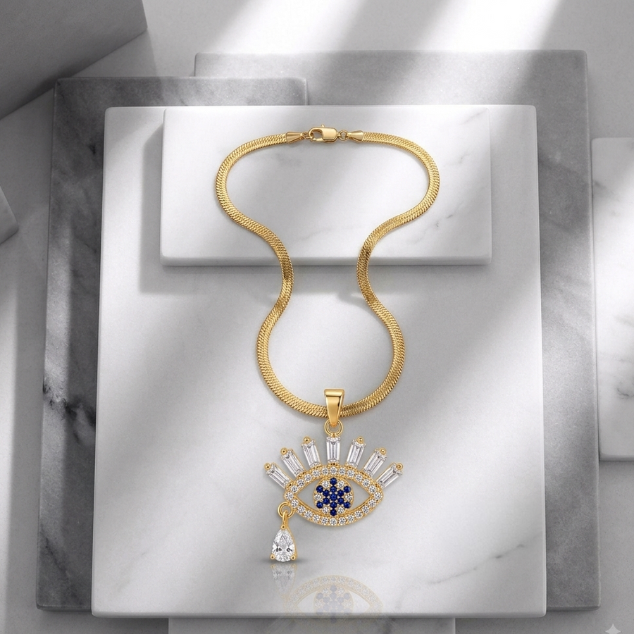 Zeroxo | 18K Gold Plated Evil Eye Baguette Crystal Pendant Snake Chain Necklace