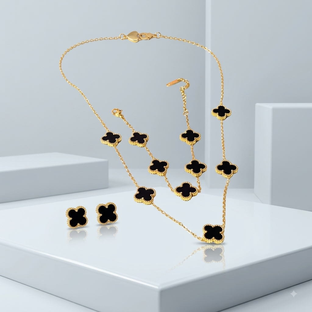 Zeroxo | 18K Gold Plated 4-Piece Black Clover Complete Jewellery Set