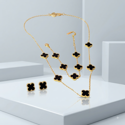 Zeroxo | 18K Gold Plated 4-Piece Black Clover Complete Jewellery Set