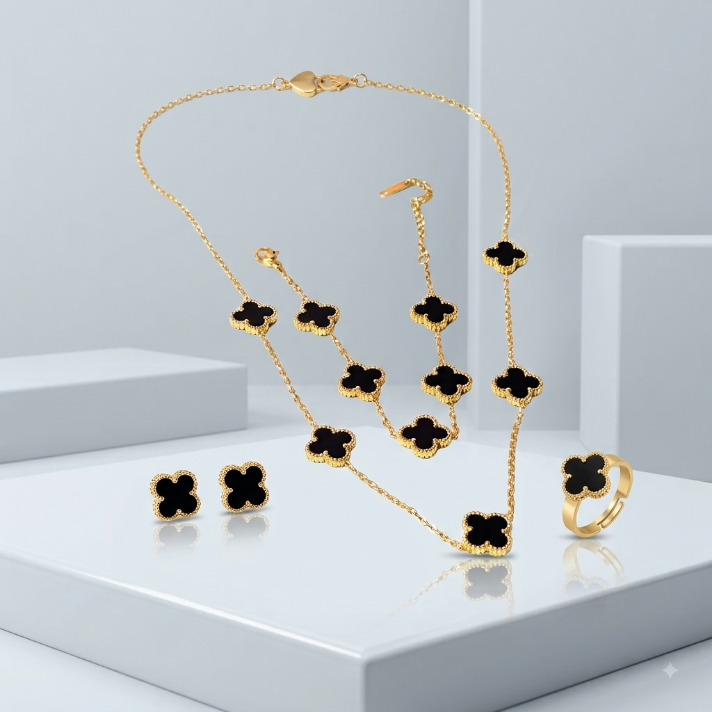 Zeroxo | 18K Gold Plated 4-Piece Black Clover Complete Jewellery Set