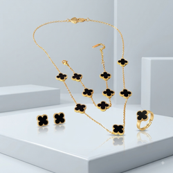 Zeroxo | 18K Gold Plated 4-Piece Black Clover Complete Jewellery Set