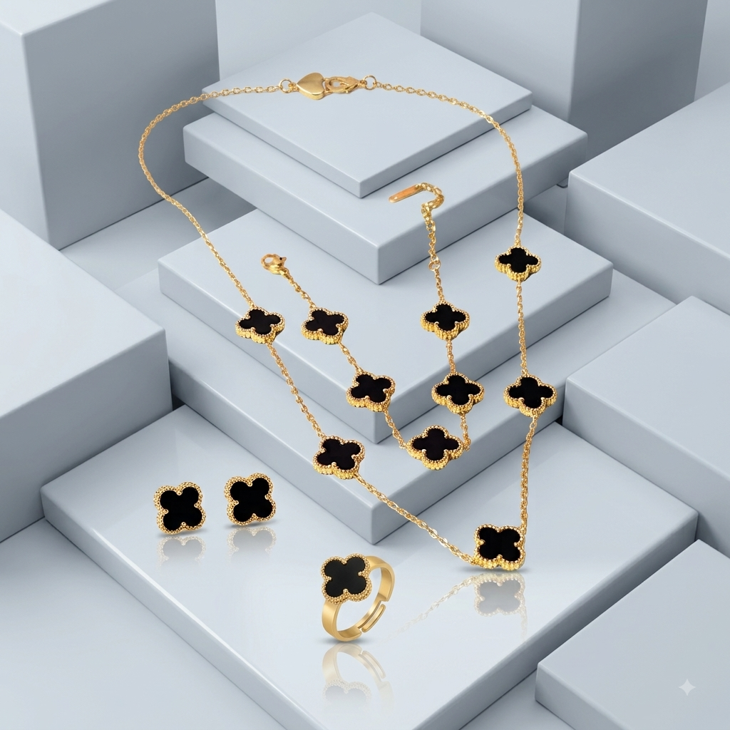 Zeroxo | 18K Gold Plated 4-Piece Black Clover Complete Jewellery Set