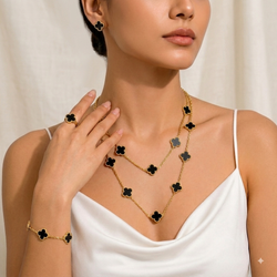 Zeroxo | 18K Gold Plated 4-Piece Black Clover Complete Jewellery Set