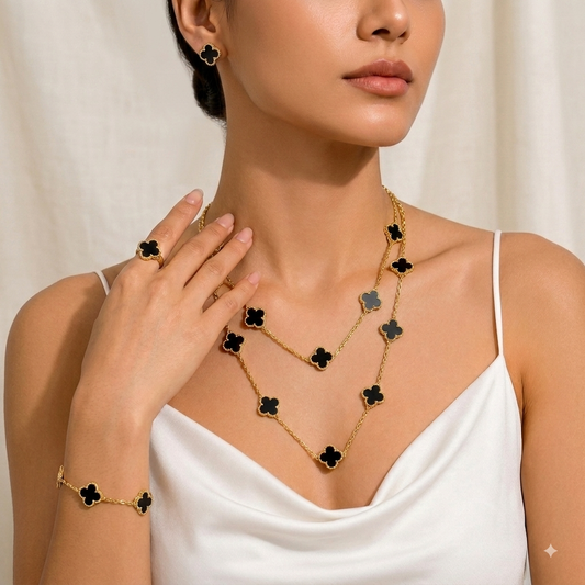Zeroxo | 18K Gold Plated 4-Piece Black Clover Complete Jewellery Set