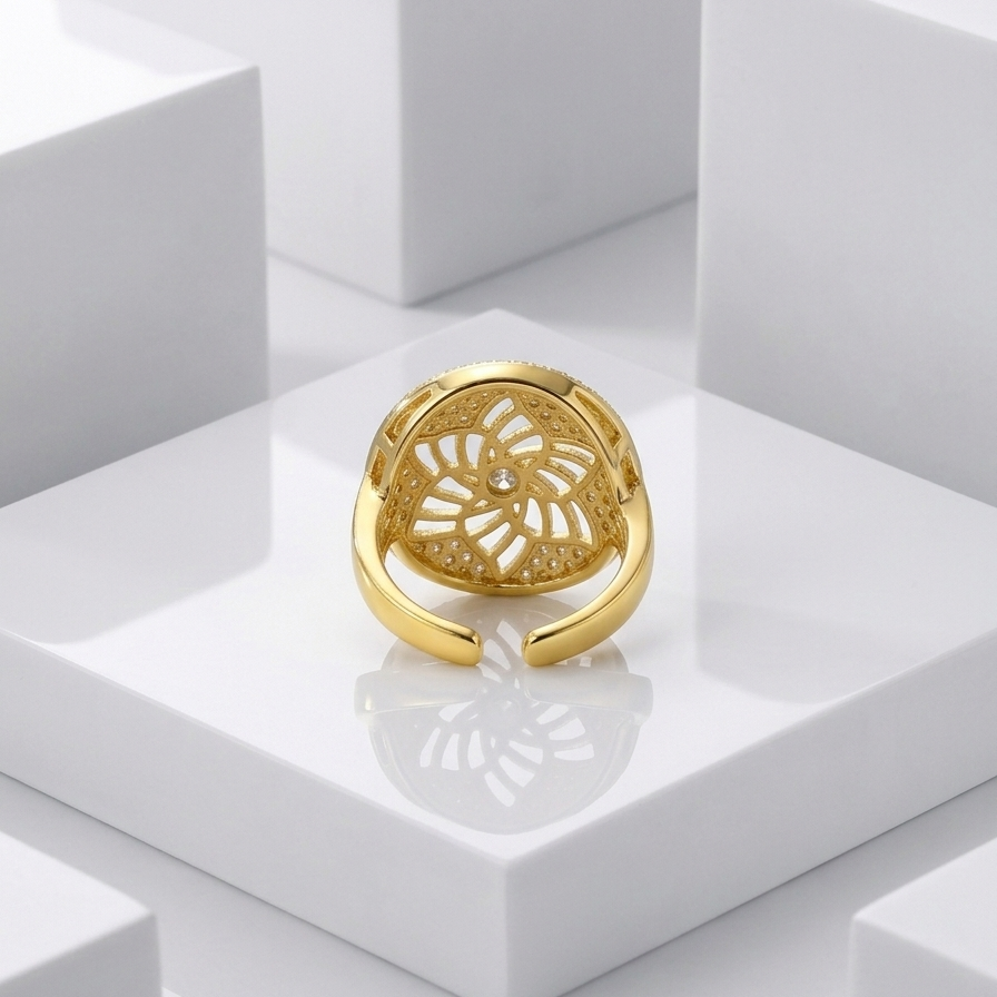 Zeroxo | 18K Gold Plated Floral Filigree Pave Medallion Cocktail Ring