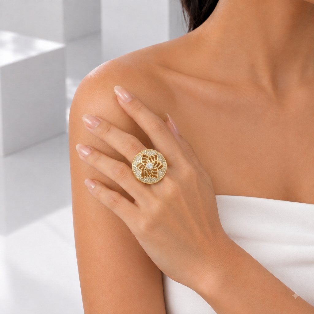 Zeroxo | 18K Gold Plated Floral Filigree Pave Medallion Cocktail Ring