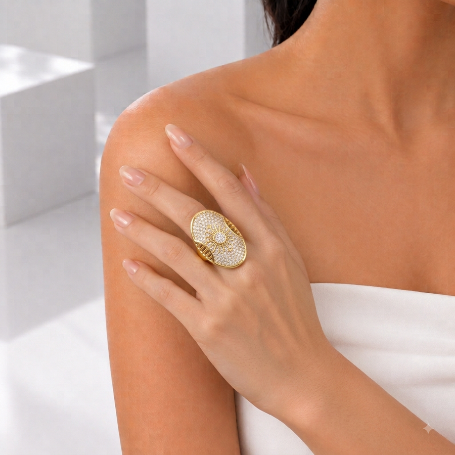 Zeroxo | 18K Gold Plated Celestial Sunburst Pave Oval Shield Ring