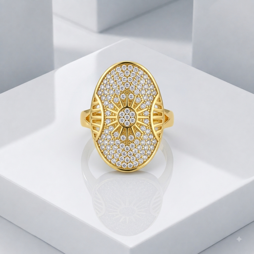 Zeroxo | 18K Gold Plated Celestial Sunburst Pave Oval Shield Ring