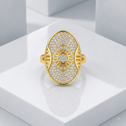 Zeroxo | 18K Gold Plated Celestial Sunburst Pave Oval Shield Ring