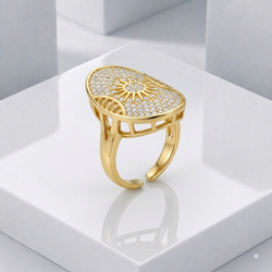 Zeroxo | 18K Gold Plated Celestial Sunburst Pave Oval Shield Ring