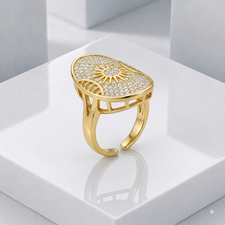 Zeroxo | 18K Gold Plated Celestial Sunburst Pave Oval Shield Ring