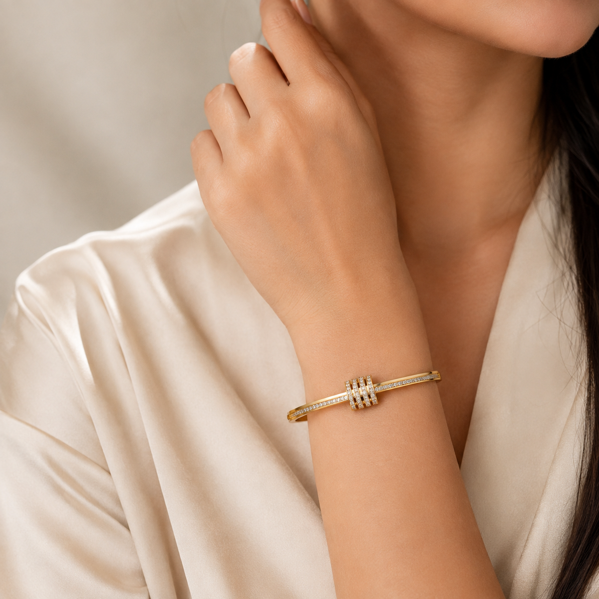 Zeroxo | 18K Gold Plated Triple-Row Pave Diamond Barrel Hinged Bangle