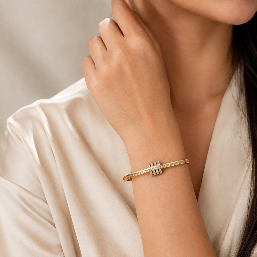 Zeroxo | 18K Gold Plated Triple-Row Pave Diamond Barrel Hinged Bangle