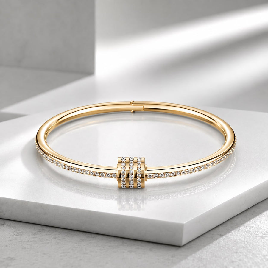 Zeroxo | 18K Gold Plated Triple-Row Pave Diamond Barrel Hinged Bangle