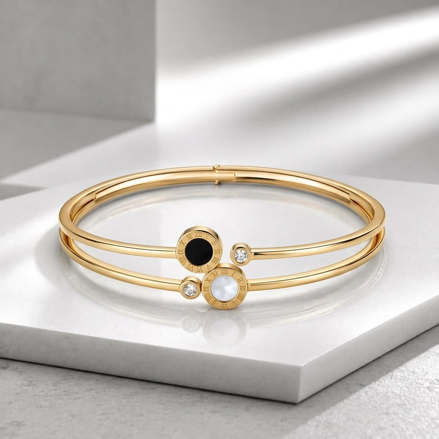 Zeroxo | 18K Gold Plated Dual-Row Roman Numeral Bypass Bangle