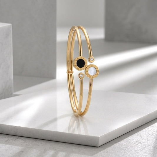 Zeroxo | 18K Gold Plated Dual-Row Roman Numeral Bypass Bangle