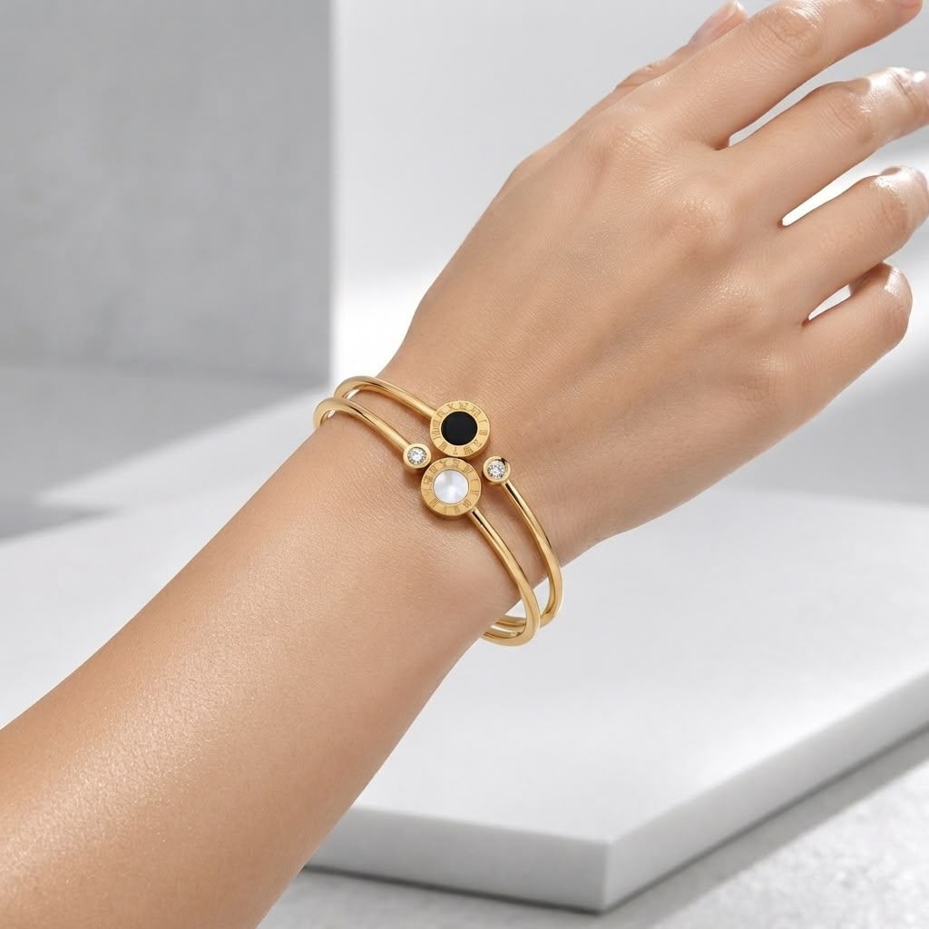 Zeroxo | 18K Gold Plated Dual-Row Roman Numeral Bypass Bangle
