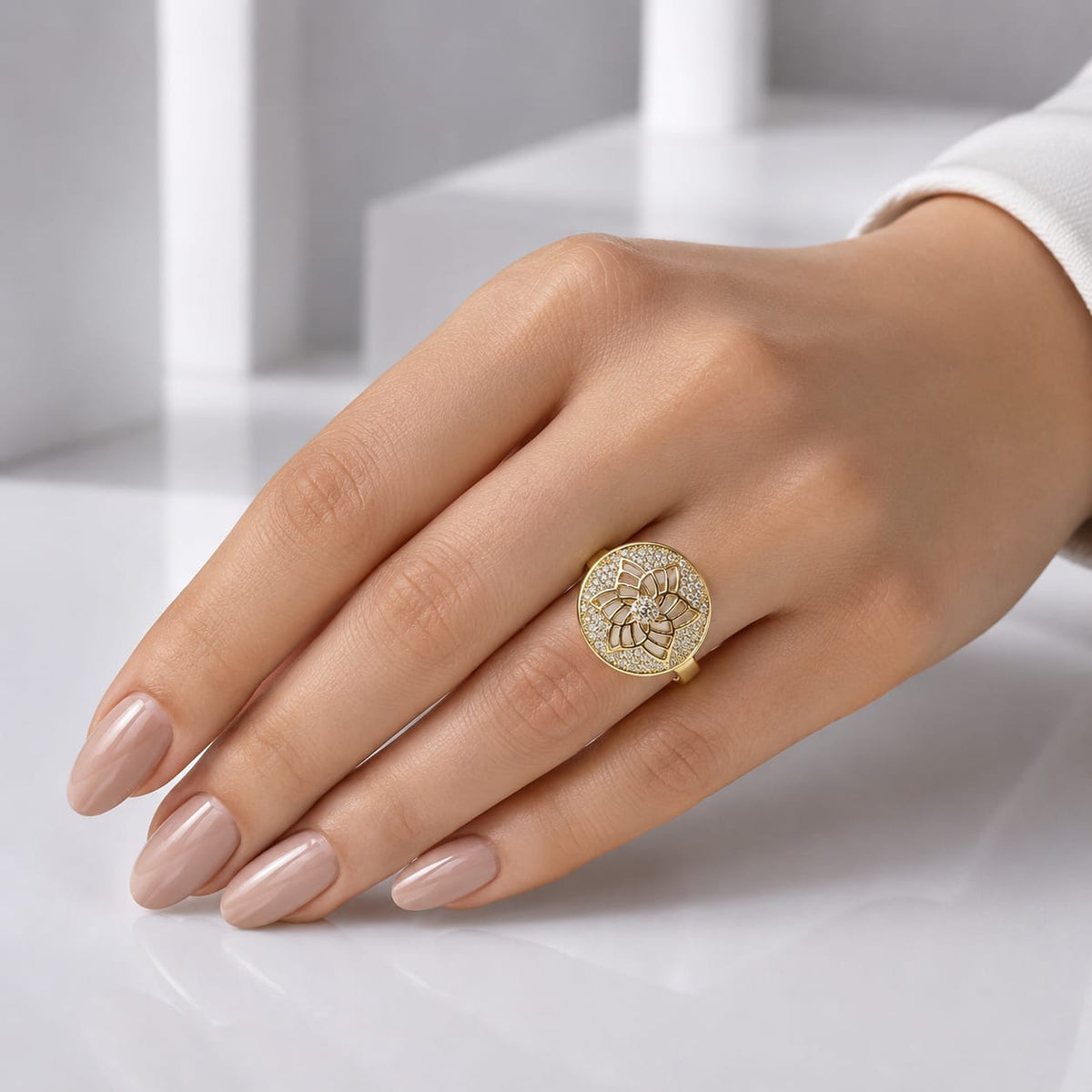 Zeroxo | 18K Gold Plated Floral Filigree Pave Medallion Cocktail Ring