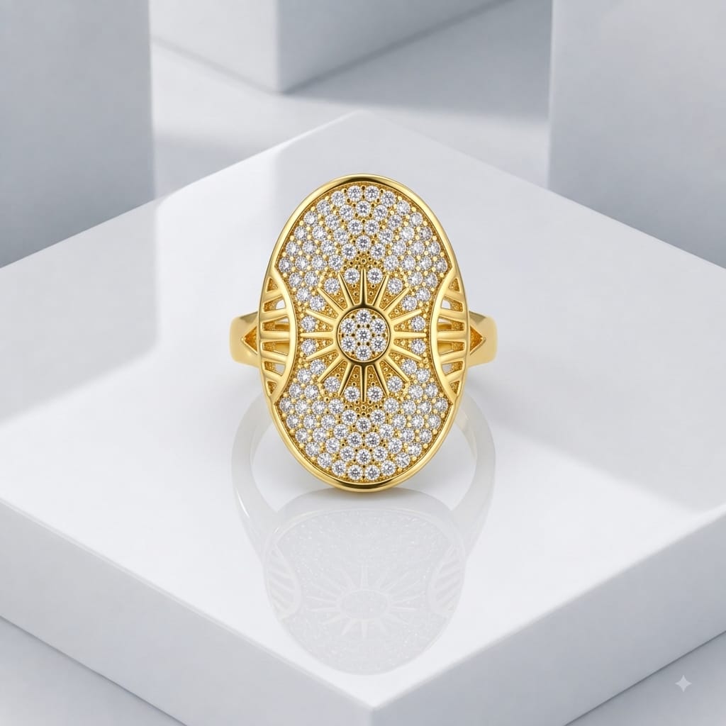 Zeroxo | 18K Gold Plated Celestial Sunburst Pave Oval Shield Ring