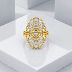 18K Gold Plated Celestial Sunburst Pave Oval Shield Statement Ring
