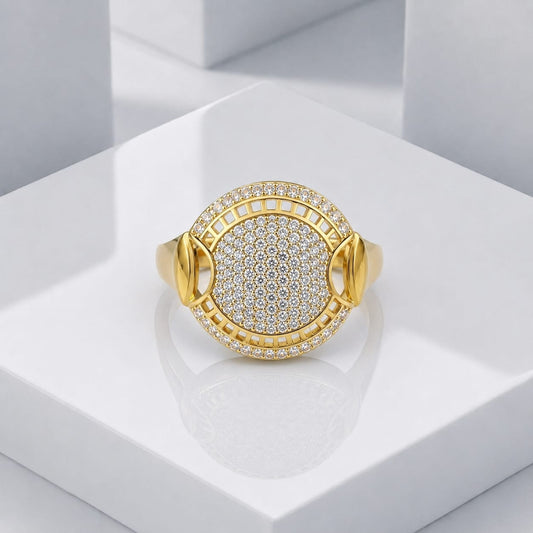 Zeroxo | 18K Gold Plated Double-Halo Micro-Pave Medallion Cocktail Ring