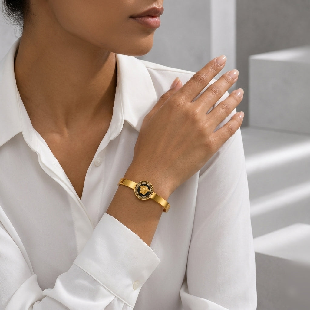 Zeroxo | 18K Gold Plated Greek Medusa Medallion Flat Cuff Bangle