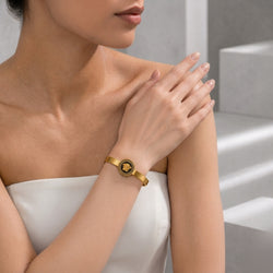 Zeroxo | 18K Gold Plated Greek Medusa Medallion Flat Cuff Bangle