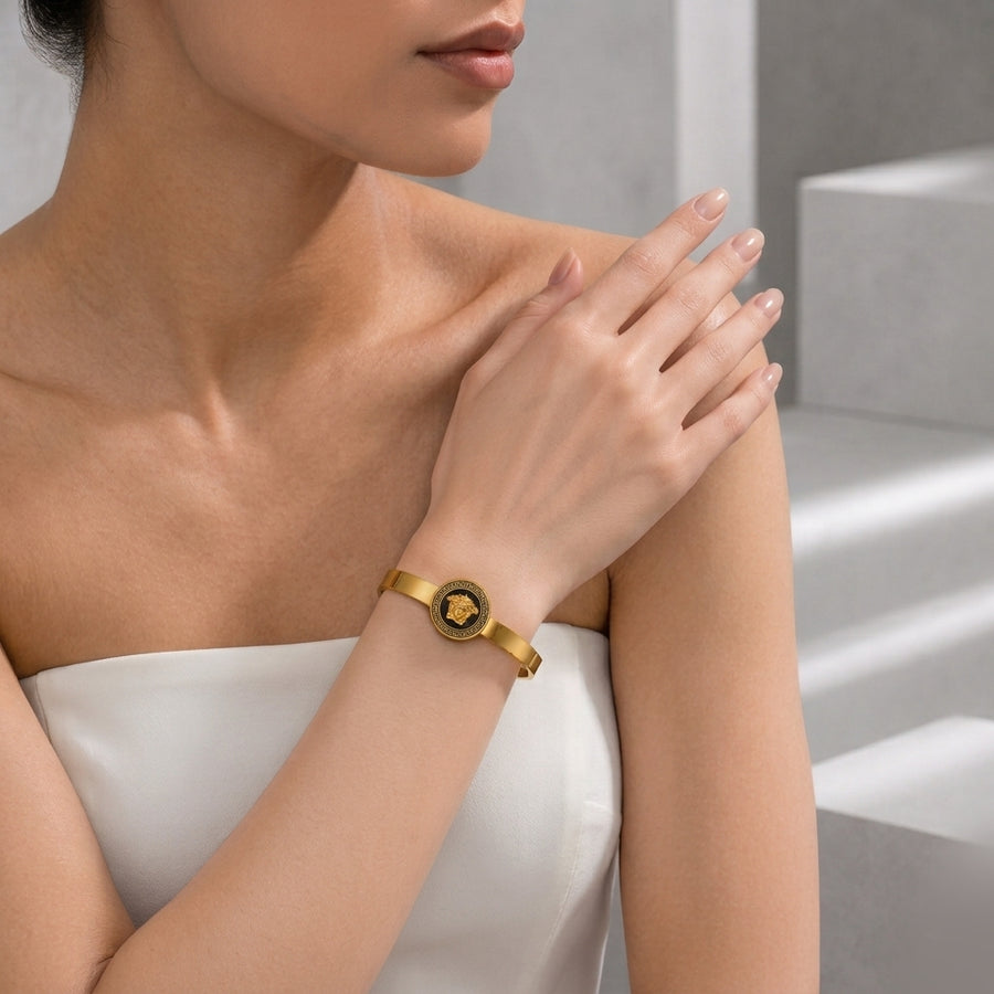 Zeroxo | 18K Gold Plated Greek Medusa Medallion Flat Cuff Bangle