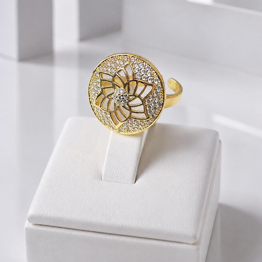 Zeroxo | 18K Gold Plated Floral Filigree Pave Medallion Cocktail Ring