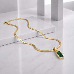 Zeroxo | 18K Gold Plated Emerald Green Baguette Pendant Snake Chain Necklace