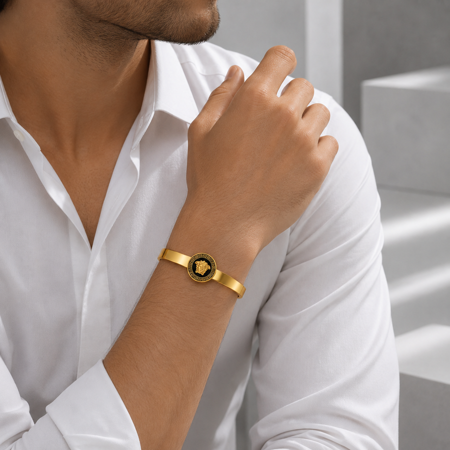 Zeroxo | 18K Gold Plated Greek Medusa Medallion Flat Cuff Bangle For Men